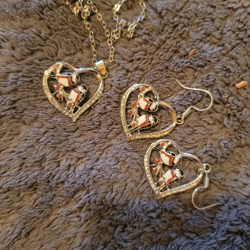 Heart Pendant Necklace and Earring Set with Black, White & Brown Enamel Birds